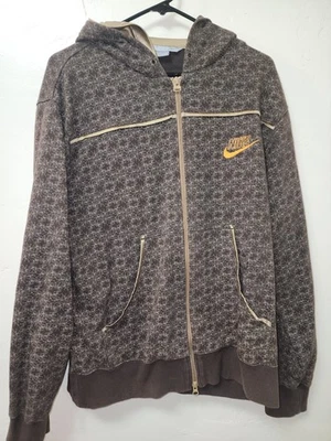 Sudadera con capucha marrón con cremallera Nike etiqueta gris vintage Y2K estampado para hombre talla mediana Foto 1 de 4