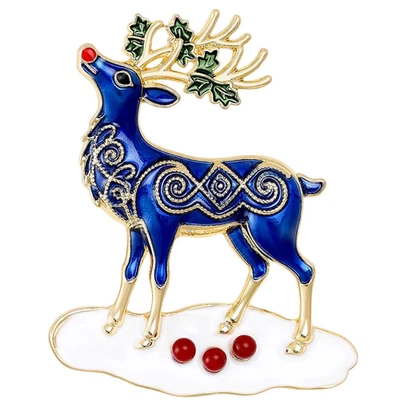Broche de ciervo de Navidad de lujo esmalte azul animal prendedor, regalo de joyas de invierno de vacaciones Foto 1 de 4