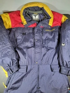 Vintage COULOIR Mens one piece Ski Snow Suit Size 46 Navy Yellow Red 31 Inseam - Picture 1 of 24