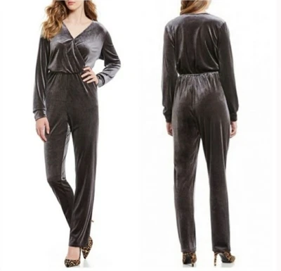Gibson Latimer Gray Velvet Wrap Jumpsuit Plus Size XXL Long Sleeve - Image 1 of 4