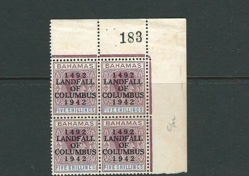 BAHAMAS 1942 KGVI LANDFALL of COLUMBUS (Scott 128 5sh) Pl blk/4 toned gum - Image 1 of 1