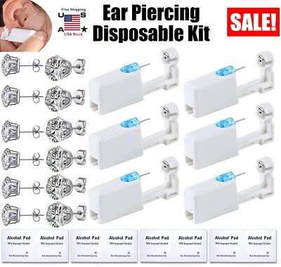 6× Ear Piercing Disposable Kit Silver Stud Earring Gun DIY Home Self Ear Sets US - Image 1 of 4