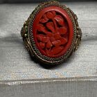 Cinnabar Sterling Ring Sz 5 Floral Red Carved Chinese 1920 Adjustable 