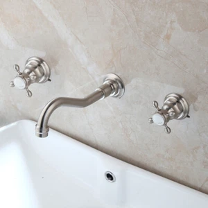 3PCS Bathroom Sink Faucet Brushed Nickel Wall Mount Brass Dual Handles Mixer Tap - Picture 1 of 8