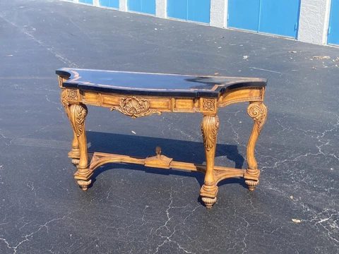 Carved Walnut Georgian Style Faux Marble-Top Console Sofa Table. Excellent Shape Cover
