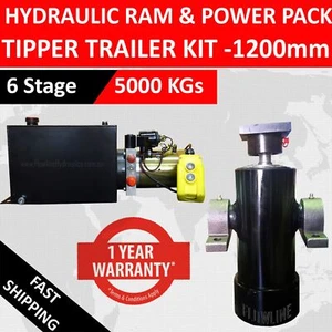Hydraulic Ram Cylinder Tipper Trailer kit Pump 1200mm stroke 6 stage 5000kg - Picture 1 of 3