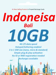 Bali Indonesia 10 days 10GB Data Travel SIM card Telkomsel Network Rechargeable - Picture 1 of 3