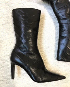 MICHEL PERRY POINTED TOE BLACK LEATHER CHEVRON FOLDED LEATHER BOOTS SIZE 38 - Picture 1 of 15