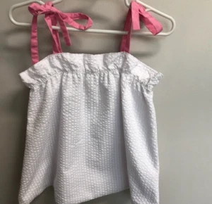 The Beaufort Bonnet Company White Seersucker Lainey Top with pink ties size 5 - Picture 1 of 5
