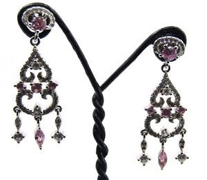 Boucles d'oreilles lustre de mariée en argent sterling rose simulée et avec blanc saphir zir