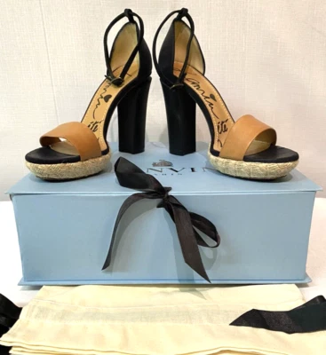 Sandalia abierta LANVIN con correa en el tobillo tacón bloque cuero marrón y negro talla 8,5B Foto 1 de 4