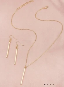 Women’s Necklace Gold Bar Charm 21” & Matching Bar Earrings Set Stylish Fashion - Picture 1 of 4