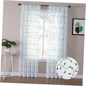  Leaves Sheer Curtains Green Leaf Embroidery Living Room Curtain Rod Pocket  - Picture 1 of 8