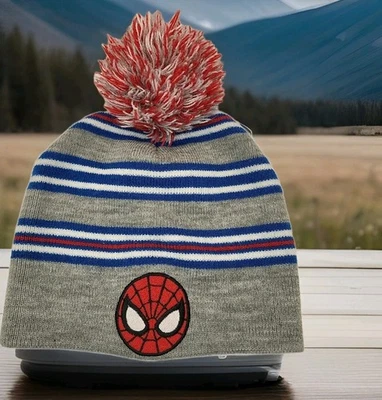 Spiderman Beanie Gray Striped Toboggan Marvel Knit Winter Hat - Image 1 of 4