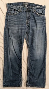 Silver Jeans Mens 38x32 Zac Relaxed Straight Dark Wash Denim Stretch Whiskers - Picture 1 of 20