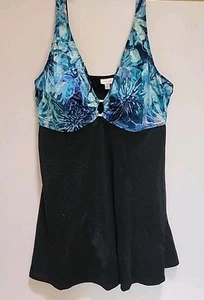 Avenue Size 24 One Piece Swim Dress Plunge Keyhole Front Black Floral Blue - Picture 1 of 9
