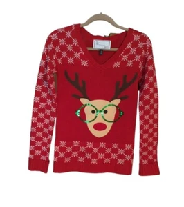 Womens Ugly Christmas Sweater Rudolph Red Nosed Reindeer Glasses Sz Small V Neck - Picture 1 of 11