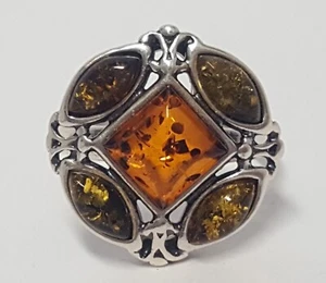 Baltic Amber Sterling Silver Ring Size 9.5 Yellow Orange Honey 925 Cocktail Vtg - Picture 1 of 22