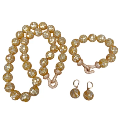 Golden Abalone Shell Long Necklace Bracelet Earrings Set Cz Zirconia Pave Clasp - Image 1 of 2