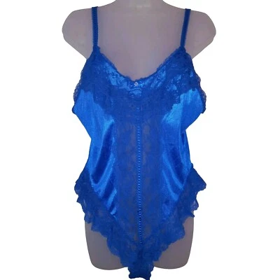 Vintage 90s Blue Wet Look Nylon Floral Lace Snap Crotch Teddy Lingerie M - Image 1 of 4