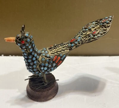 Старинный латунный клуазоне бирюзовый коралл камень мозаика павлин азиатское восточное искусство - Изображение 1 из 4