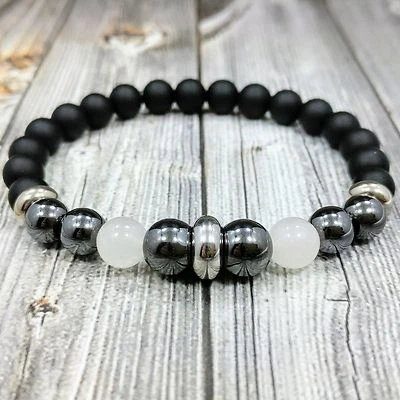 8"L STAINLESS STEEL 8mm Moonstone+Onyx+Hematite Gemstone Beaded Unisex Bracelet - Image 1 of 4