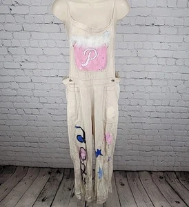 Free People Beige Linen Cotton Blend Reworked Painters Overalls Jumpsuit Large L - Picture 1 of 14