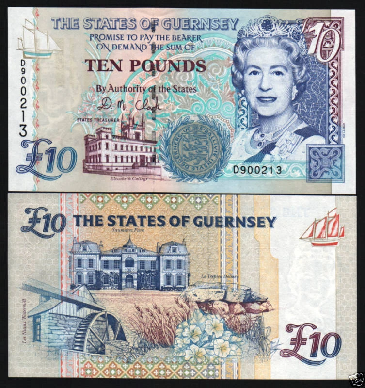GUERNSEY 10 POUNDS P57 B 1996 QUEEN UNC SHIP WATER MILL MONEY BILL BANK NOTE - Image 1 of 1