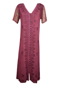 Womens Maroon MAXI Dress Embroidered Button Down Loose Resort Wear Dresses L