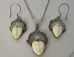 Rare Carved Goddess Deity Necklace & Earrings Granulation Technique Sterling Set - Picture 1 of 9