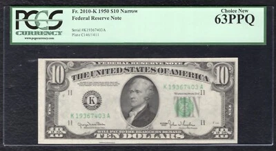 FR 2010-K 1950 $10 NARROW FRN FEDERAL RESERVE NOTE DALLAS, TX PCGS UNC-63PPQ - Image 1 of 2