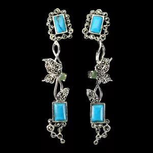 925 Orecchini Argento Sterling Turchese Stabilizzato Rubino Marcasite Gemma - Foto 1 di 10