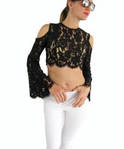 KEEPSAKE Woman's Long Bell Sleeve Porcelain Lace Top. Sz S (Black) - Picture 1 of 2
