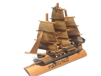 Vintage wooden model 3 mast sail boat  Puerto Rico circa 1960s 5.2" - Image 1 of 4