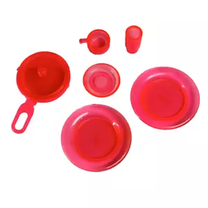 Vintage klare rosa Teller Untertassen Tassen & Pfanne für Barbie 90er oder Anfang 2000er - Bild 1 von 5