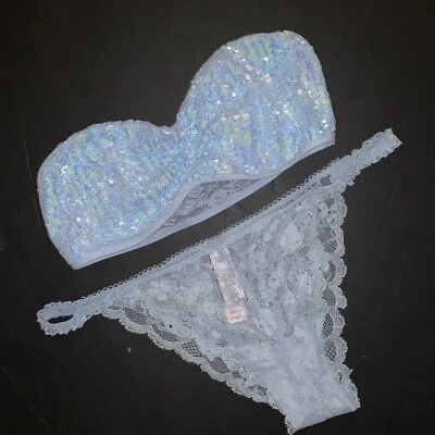 NWT Victoria's Secret PINK S BRALETTE set M string Panty SKY BLUE sequined lace - Image 1 of 3