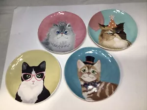 Pier 1 Imports PARTY CATS 8.75" Salad Plate Set 4Pc Hats Glasses Blue Pink Gold - Picture 1 of 10