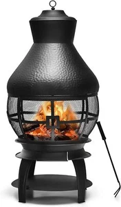Outdoor Cast Iron Chiminea, Fireplace Wooden Chiminea Fire Pit w/Fire Poker - Picture 1 of 7