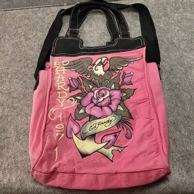 Ed Hardy Tote Bag Canvas Purse Hot Pink & Black Crossbody w/ Double Handles - Image 1 of 4