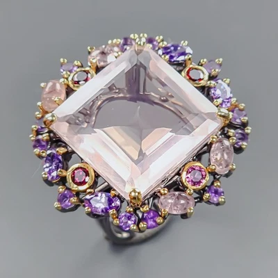 Anillo Vintage 36 quilates Anillo Cuarzo Rosa Natural Plata de Ley 925 Talla 8/R436436 Foto 1 de 4