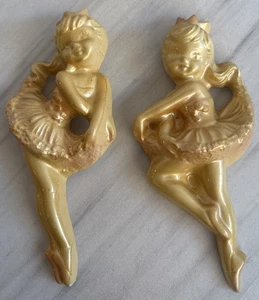 Vintage MCM Set Of 2 Gold Chalkware Ballerina 7” Dancers~Sweet - Foto 1 di 4