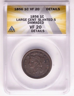 Beautifully Detailed 1856 Braided Hair Cent Slanted 5 Large Cent (VF20 Details) - Image 1 of 2