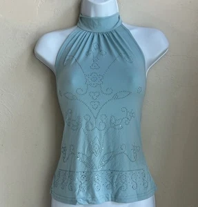Vintage Y2K 90s A. Byer Halter Tank Top M Baby Blue Beaded Fairy Grunge Festival - Picture 1 of 7