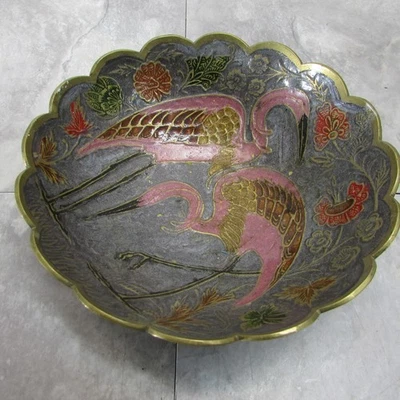 Brass Champleve Enamel Footed Bowl Scalloped Rim Cranes Floral Asian Art Decor - Image 1 of 4
