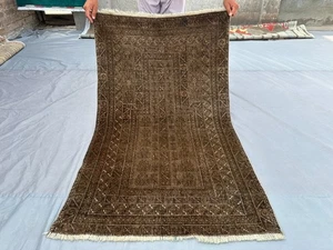 2'11 x 4'9 ft Vintage Afghan Hand Knotted Wool Rug Brown Geometric Tribal Carpet - Picture 1 of 10
