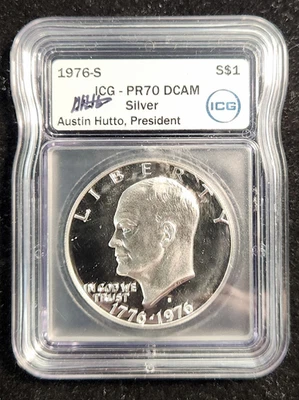 1976-S Proof Eisenhower Silver Dollar PF70 DCAM ICG Austin Hutto Signature - Image 1 of 2