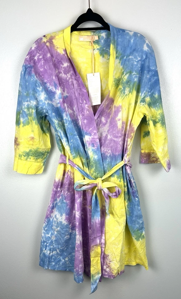NUEVO CON ETIQUETAS Bata corta de algodón La Cera Tie Dye talla mediana amarilla púrpura bolsillos NUEVO Foto 1 de 4