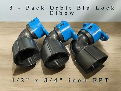 3- Pack | Orbit Blu-Lock Plastic Elbow 1/2" x 3/4" inch FPT Quick Connect Swing - Image 1 of 4