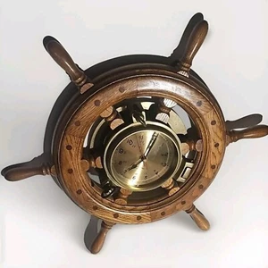 Vintage Ships Time Quartz Clock Wood Steering Wheel Walnut Frame Brass Port - Picture 1 of 15