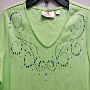 Quacker Factory Womens Rhinestone Embellishment T-Shirt, Green, XXSmall. - Picture 1 of 3